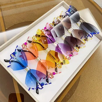Роскошные Солнцезащитные очки Diamond Butterfly, Женский бренд y2k, Винтажные Солнцезащитные очки без оправы, Женские очки gafas de sol