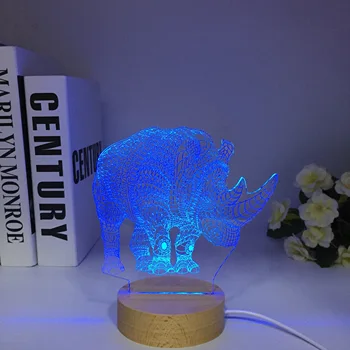 Прикроватная атмосфера Rhinoceros, светодиодная 3D настольная лампа из цветного дерева, Рождественский подарок для освещения детской комнаты, маленький ночник