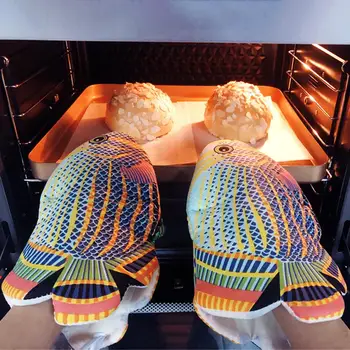 Прихватки для духовки в форме рыбы, 1 шт., нескользящие, не обжигающие кухонные перчатки, длинные хлопковые термостойкие рукавицы для духовки для выпечки