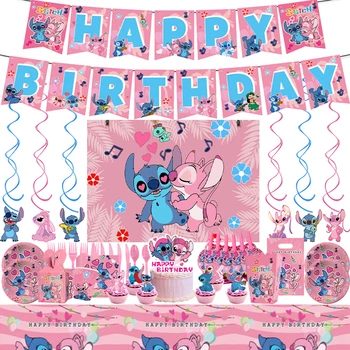 Розовые принадлежности для вечеринки в честь Дня рождения Lilo & Stitch, детские украшения с мультяшным стичем, Бумажная тарелка, Воздушные шары, посуда, принадлежности для детского душа