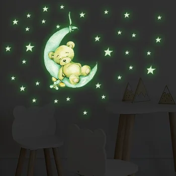 Крошечные милые светящиеся наклейки на стены Плюшевый Мишка на Луне Звезды светятся в темноте Наклейки на стены для детской комнаты Декор для дома в детской