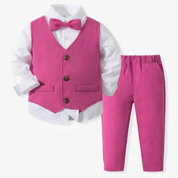 Весной и осенью Новый комплект детской модной одежды с длинными рукавами и бабочкой, хлопковый однотонный костюм для мальчиков