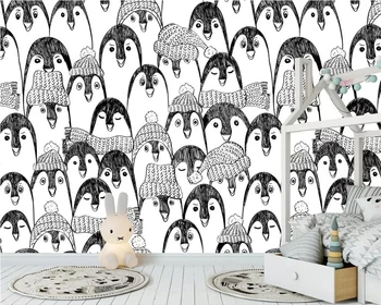 настенная роспись обоев beibehang на заказ в скандинавском современном минималистичном стиле с ручной росписью линии животных в виде пингвинов для детской комнаты на заднем плане